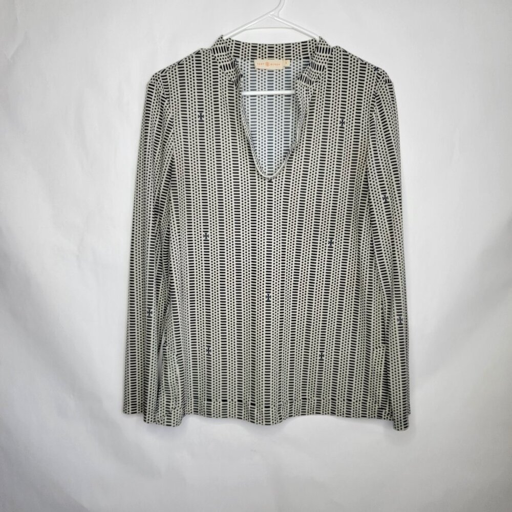 Tory Burch Top Size Medium Sienna Logo Tunic Long Sleeve V-Neck logo Blue Khaki